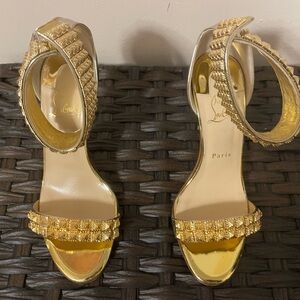 Christian Louboutin Gold Spiked Ankle Strap Pumps Size 38